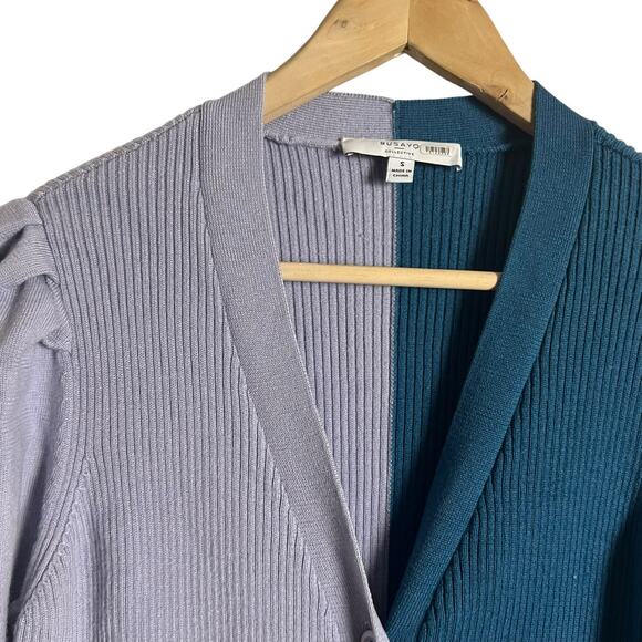 Busayo Ribbed Two-Tone Blue Purple Long Sleeve Sweater Midi Dress Size Small - Picture 8 of 16